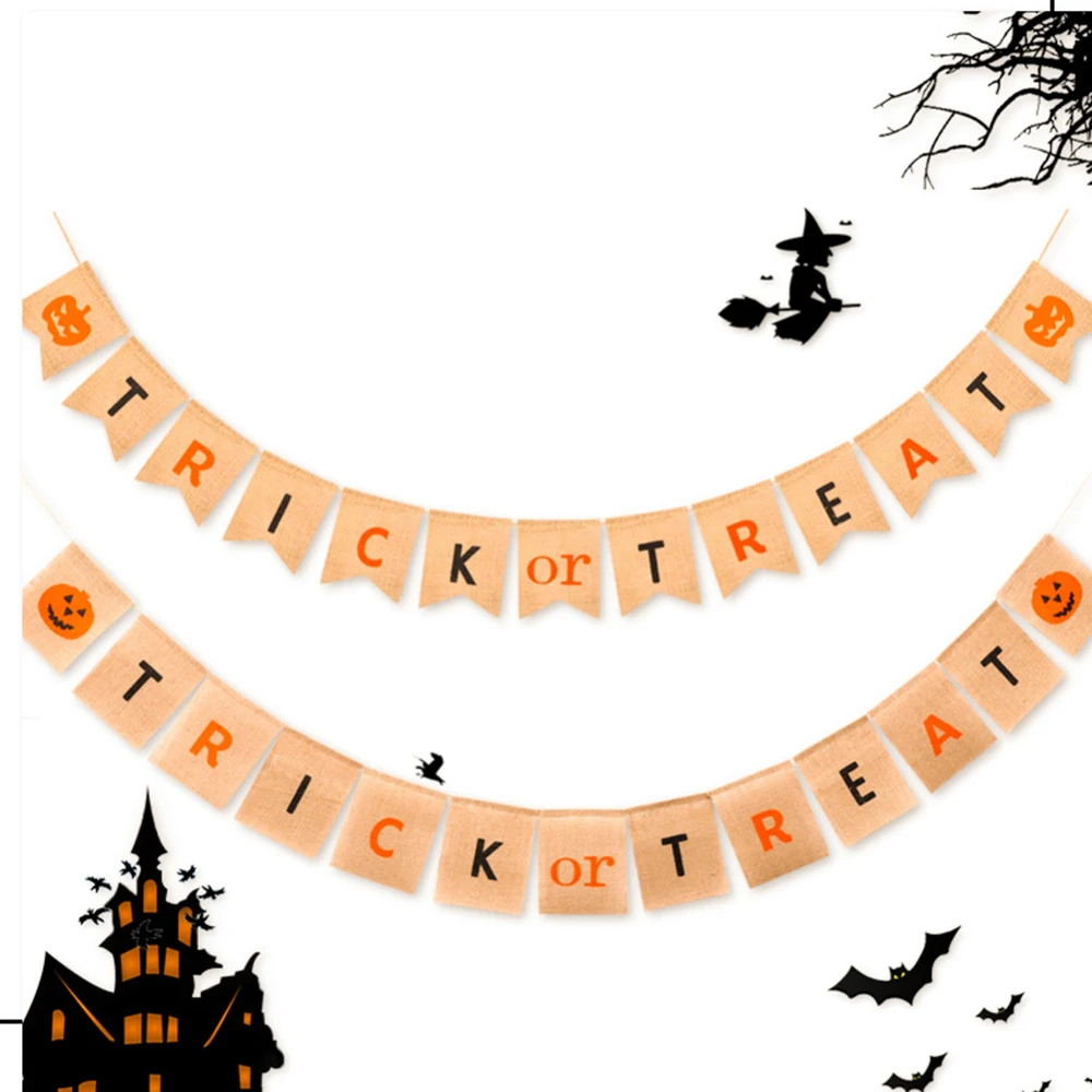 

Halloween Festival Party Supplies 2.5m Trick or Treat Words Banner Burlap for Home Door Linen Flag Decoration