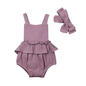 

2019 Summer Baby Girls Clothes Newborn Baby Boys Cotton Linen Sleeveless Rompers Ruffles Jumpsuits Headband 2pcs Outfit Sunsuit