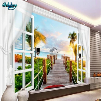 

beibehang Large Custom Wallpaper Mural Living Room Landscape 3D Window Curtain Coconut Palm Palm Background Wall