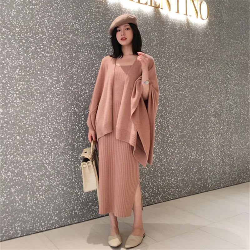 

2019 Autumn Winter Women Knit Wool Blends Cardigan Coat Knitwear Jackets+two piece Sleeveless knit Dress set
