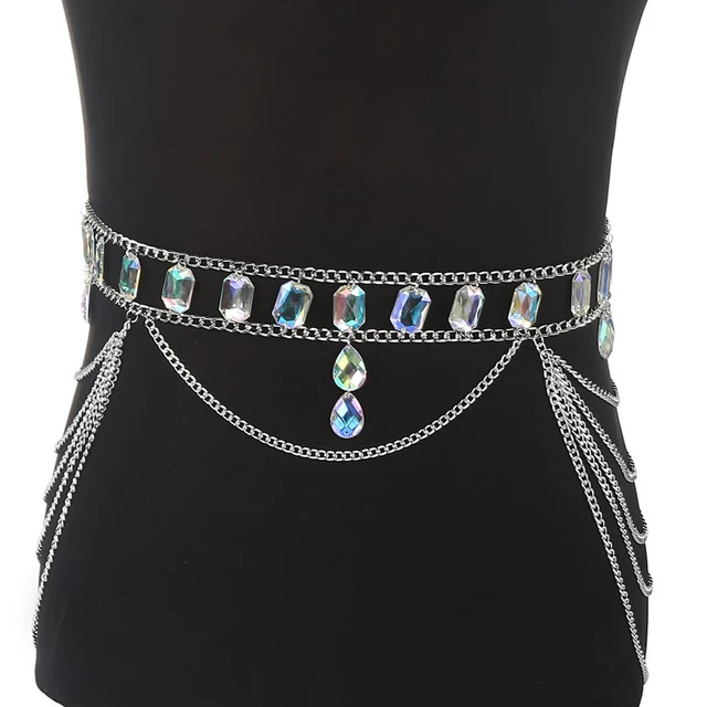 Layered Waist Chain Rhinestone Belly Chains Belt Summer Beach Costume  Crystal Body Jewelry For Women And Girls (silver) 