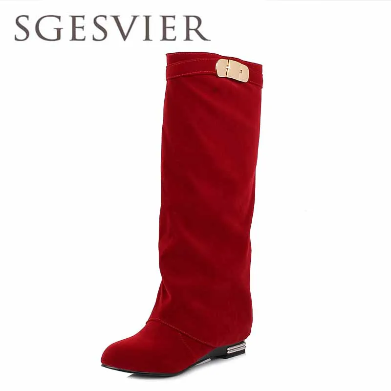 

SGESVIER HOT sale new brand fashion women motorcycle boots leather wedges shoes woman autumn winter knee high boots AA268