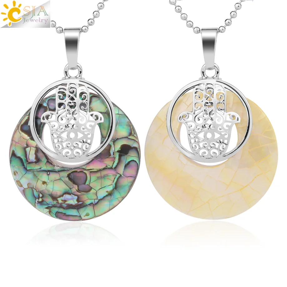 

CSJA Natural Abalone Shell Circle Pendant MOP Shells Hamsa Hand Fatima Palm Charms Pendants Necklaces for Women Men Jewelry G029