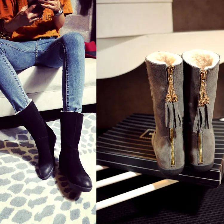 

MLJUESE 2018 women ankle boots cow Suede gray color increasing heel winter warm wool ankle boots female boots snow boots