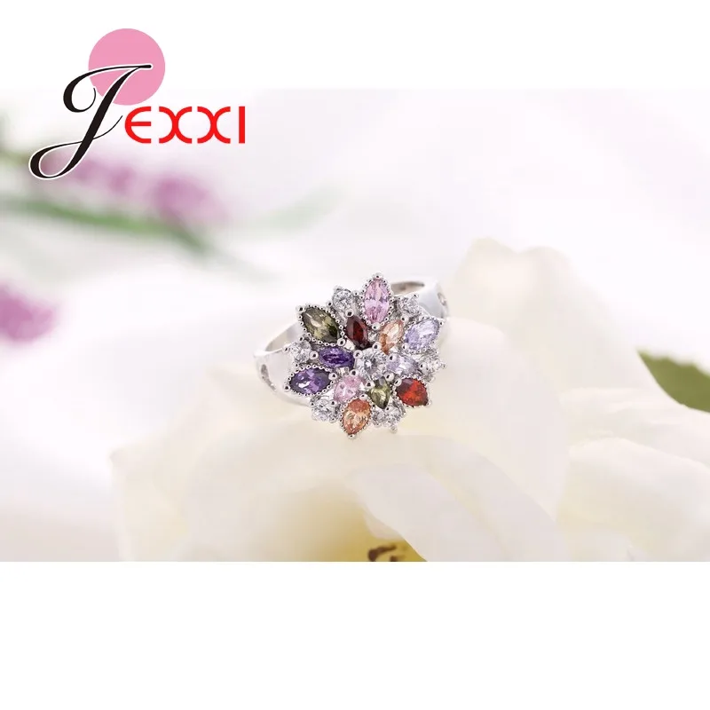JEXXI Fashion Colorful CZ Crystal 925 Sterling Silver Jewelry Party Finger Ring for Women Wedding Engagement Rings Bijoux