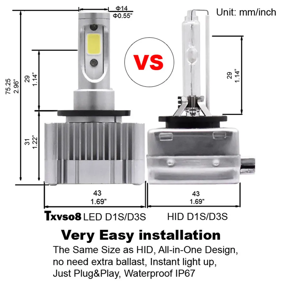 TXVSO8 2 шт. led D1S/D3S противотуманные фонари флип COB фонарь 6000 лм чистый белый свет K Auto H7