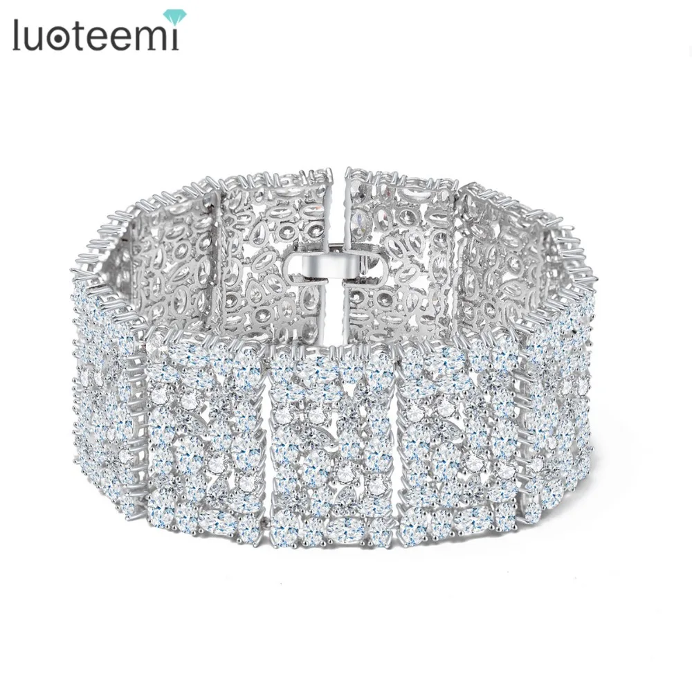 

LUOTEEMI Luxury White Gold-Color Cubic Zirconia Micro Paved Women Lady Fashion Wedding Jewelry Big CZ Bracelets & Bangles