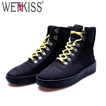 

WETKISS Genuine Leather Women Ankle Boots Round Toe Flat With Footwear Cross Tied Female Boot Motorcycle Platform Shoes Woman