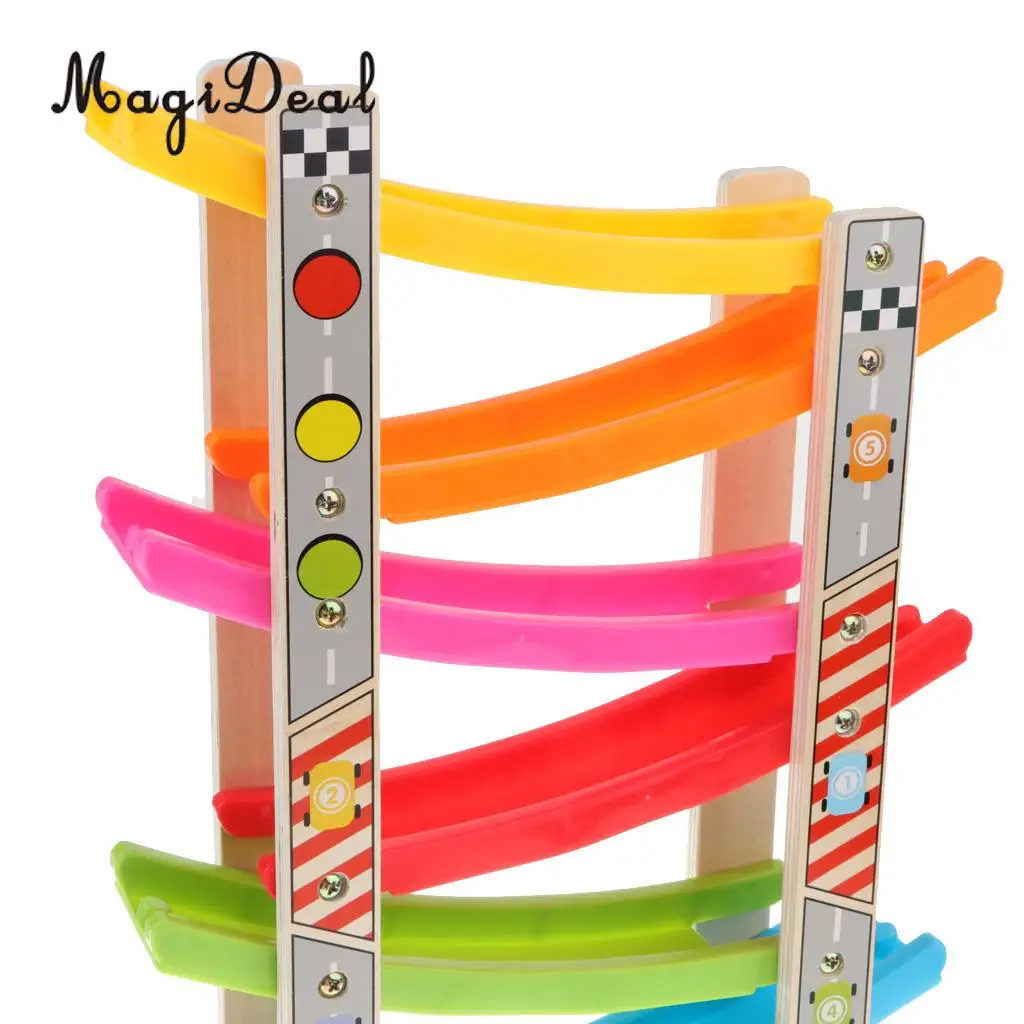 Colorful Wooden Ramp Race Track & 8 mini Inertia Car Playset - Toddlers Baby Toys Developmental Preschool Games