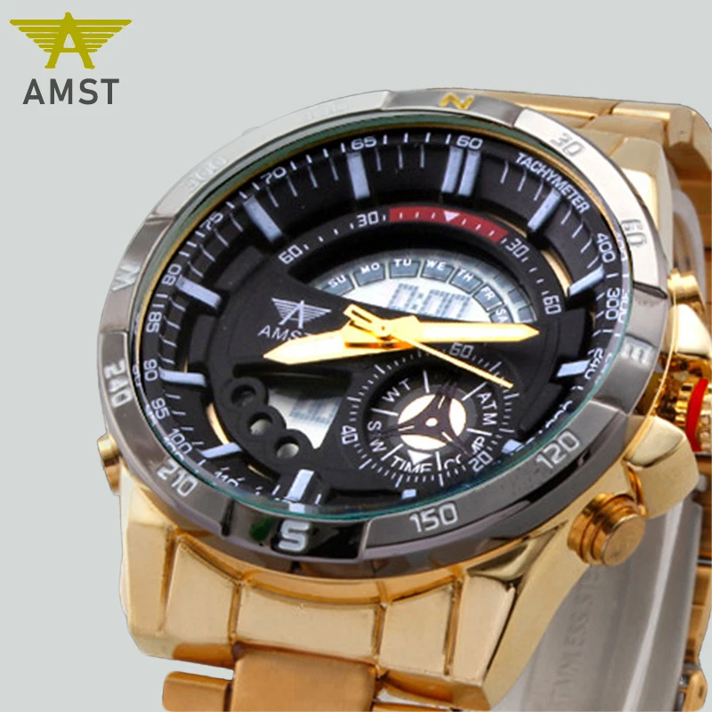 

AMST Mens Watch 2019 New Digital Pointer Dual Display Sports Wrist Watch Men Stainless Steel Gold Watch Waterproof Quartz Clock