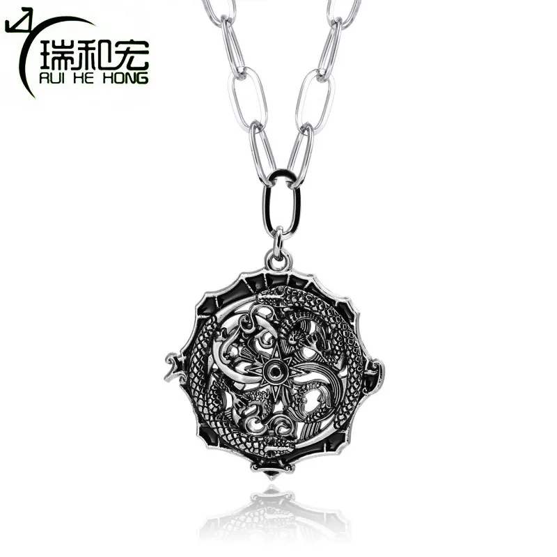 Round Dragon Totem Pendant Black Retro Punk Ethnic Wind Religious Necklace Fashion Long Cotton Rope Chain Hyperbole | Украшения и