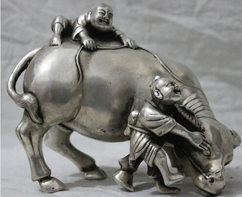 

0 Chinese Folk Culture HandMade Silver Bronze statue Bull cowhand Boy Sculpture