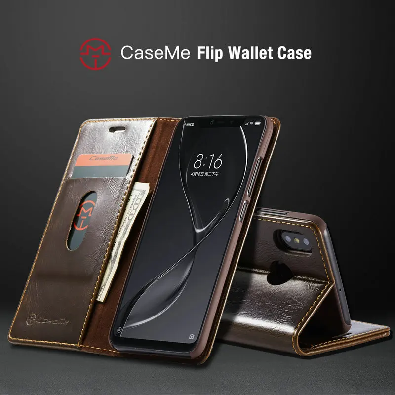 

CaseMe Magnetic Wallet Phone Case For Xiaomi Mi8 Luxury R64 Leather Flip Case For Redmi 6 6A Note 6 Pro Credit Card Stand Covers
