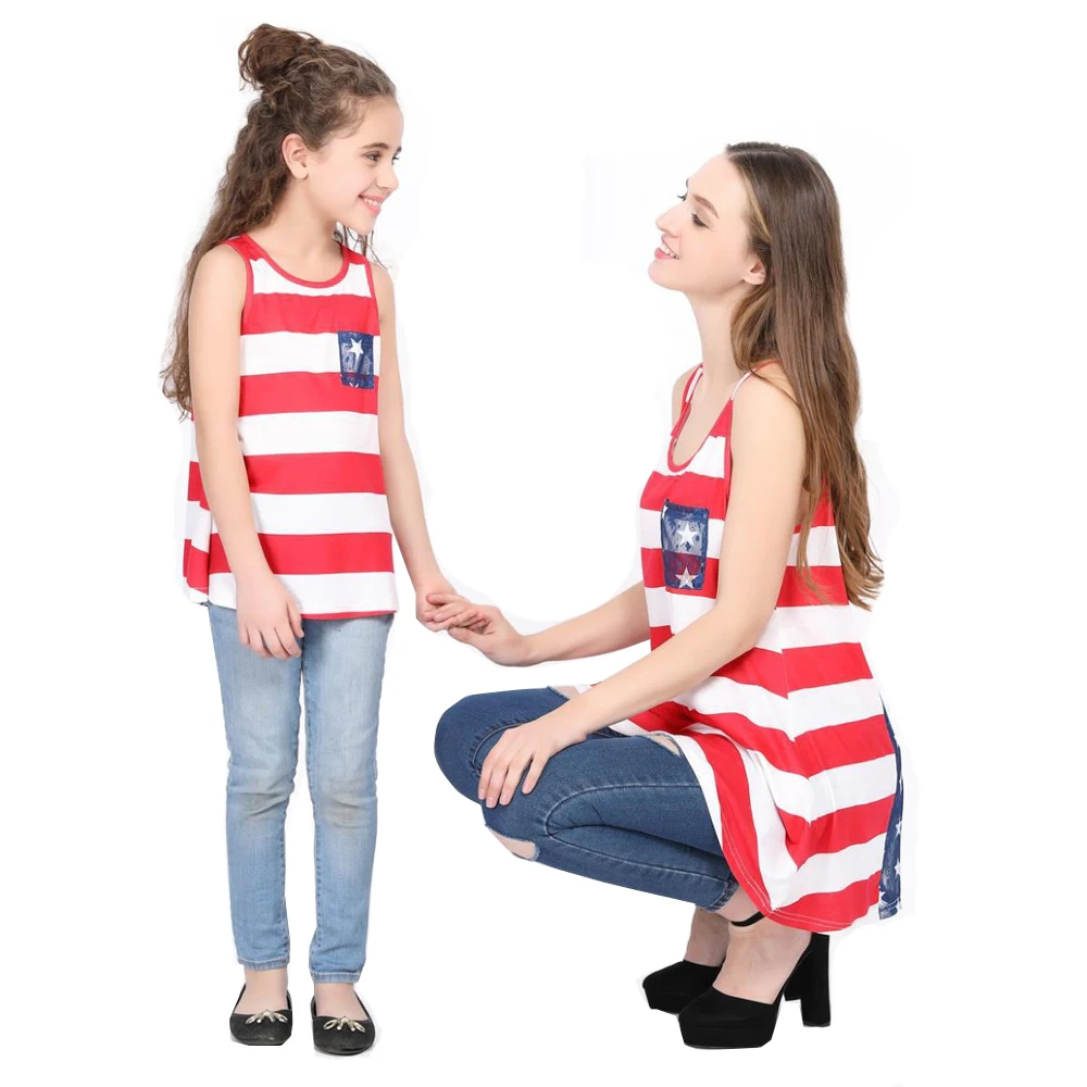 

2019 New Mother Daughter Lace T Shirt Matching Family Clothing Family Matching Outfits Summer Red Strip Top Gallus tee Shirt