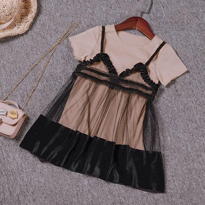 

Jenya Children Clothing Summer New Arrival Girls Solid Medium and Long Term Short Sleeve T-shirt+Net Yarn Sling Dress Sets 1422