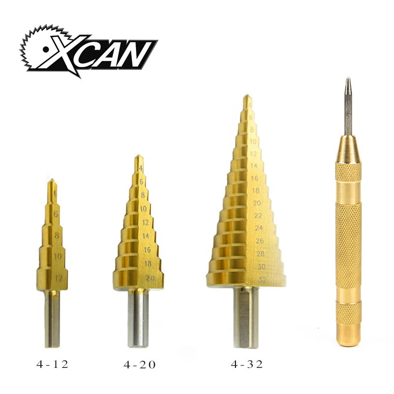 

XCAN 1set Step drill bits 4-12/20/32mm HSS Spiral Grooved center drill bit solid carbide + 1 pc 130mm center pin punch drill