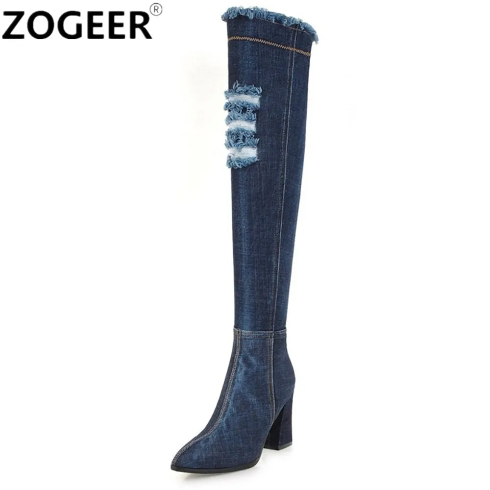 

Spring Autumn Hot Women Jeans Boots High Heels Over The Knee Boots Top Quality Thigh High Boots Fashion Sexy Denim Ladies Shoes