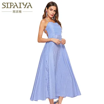 

New 2019 cultivate morality sexy backless lace stripe dress female condole belt full-ed dress long tall waist
