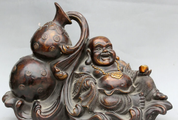 

JP S62 13" Chinese Bronze Gild Fu Wealth cucurbit Happy Laugh Maitreya Buddha Statue
