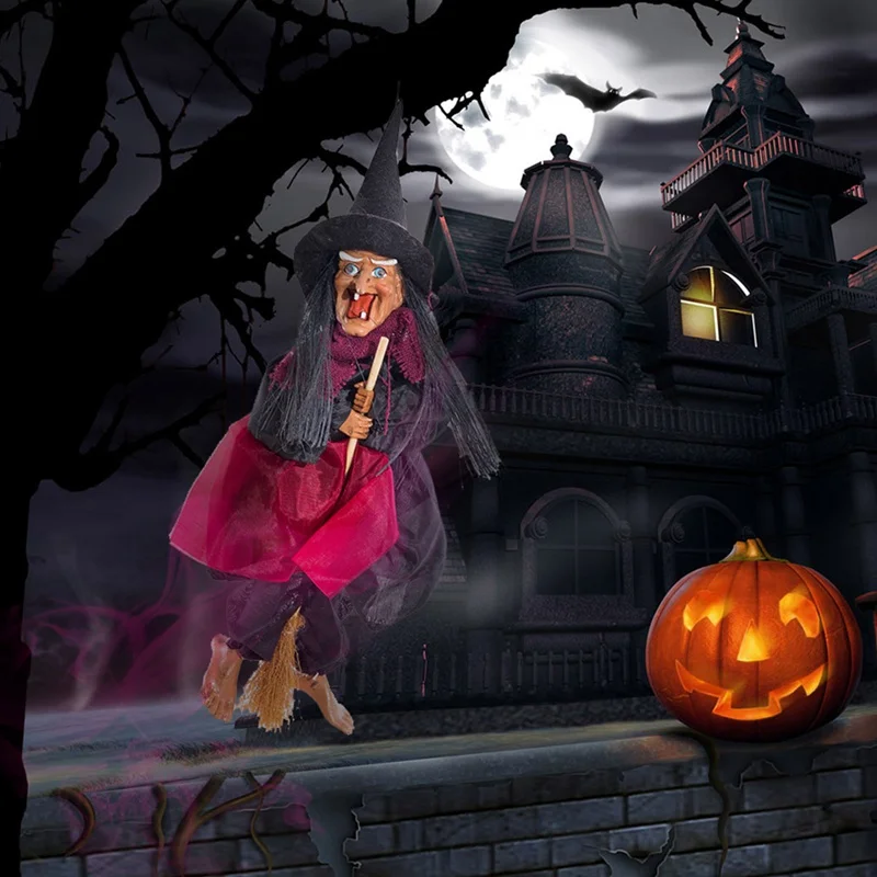 

Ride Broom Witch Hanging Decoration Halloween Props Voice Control With Sound And Red Light Festival Supplies Funny Prank Toy