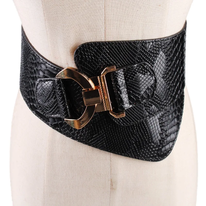 

2019 Snake Pattern PU Dress Belts Women Wide Leather Hook Buckle Elastic Waist Band Caestus Fashion Corset Cummerbund Corset
