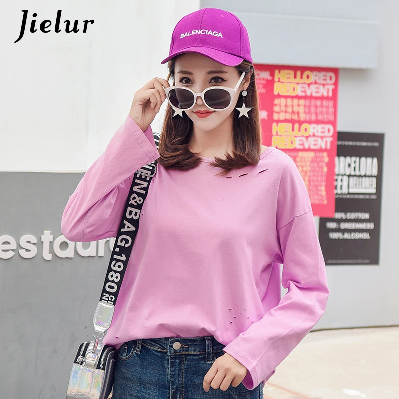 Jielur Autumn Fashion Long Sleeve Women T-shirt Holes Letter Printed Korean Female Top Casual Harajuku Hipster Tee Shirts M-XXL Tops