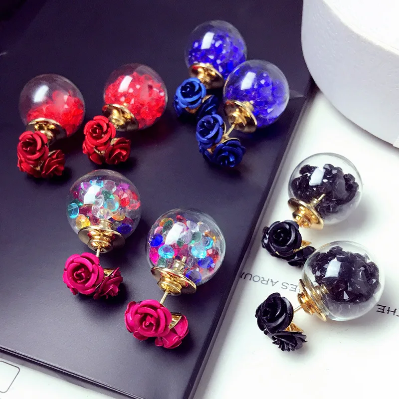 1Pair Fashion Cute Women Girls Elegant Exquisite Ear Stud Zircon Crystal Three Rose Flowers glass ball Double Sides Earrings