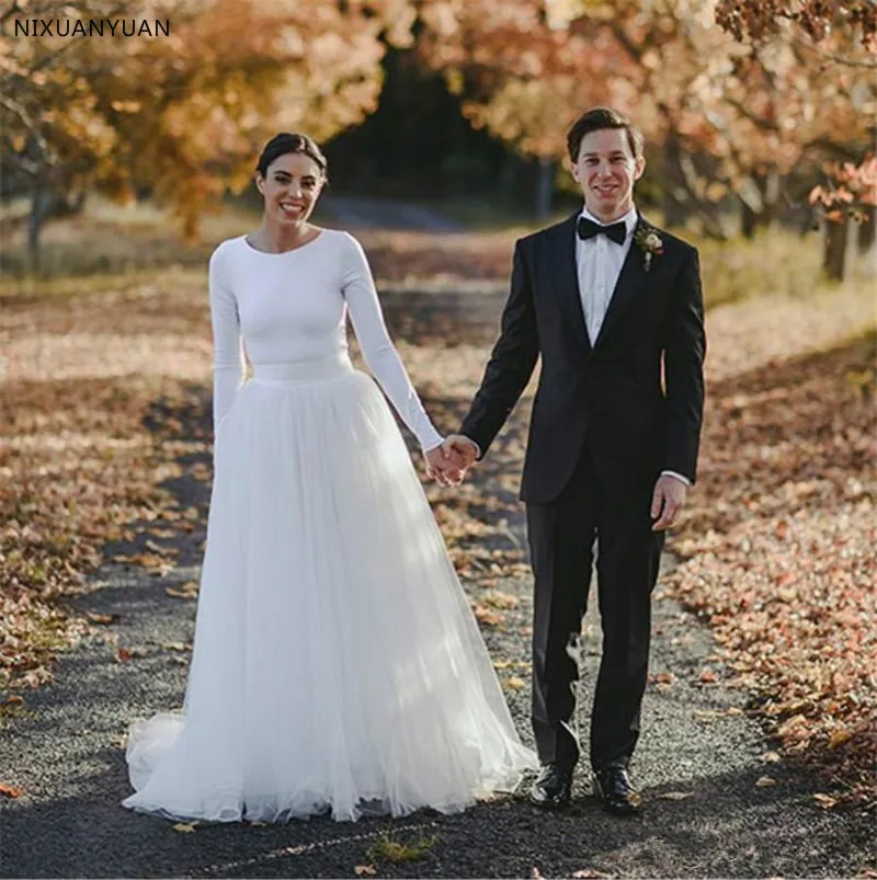 

Cheap Bridal Gowns Scoop Sweep Train Simple Design Country Long Sleeve Spandex Wedding Dresses Tulle Dresses for Wedding
