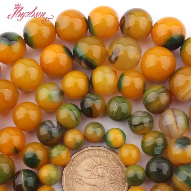 

8,10,12,14mm Round Smooth Yellow&Green Agates Natural Stone Beads For DIY Necklace Bracelets Jewelry Making 15",Free Shipping