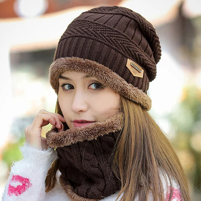 Модная зимняя теплая вязаная мешковатая Шапка-бини шапка лыжный набор из шапки и шарфа Мужская и женская шапка-шарф