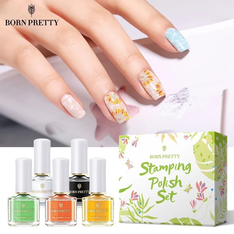 

BORN PRETTY 5 Bottle Stampping Polish Set Spring Summer Series Stamp Plates Polish Lacquer for Template Print Oil Kit
