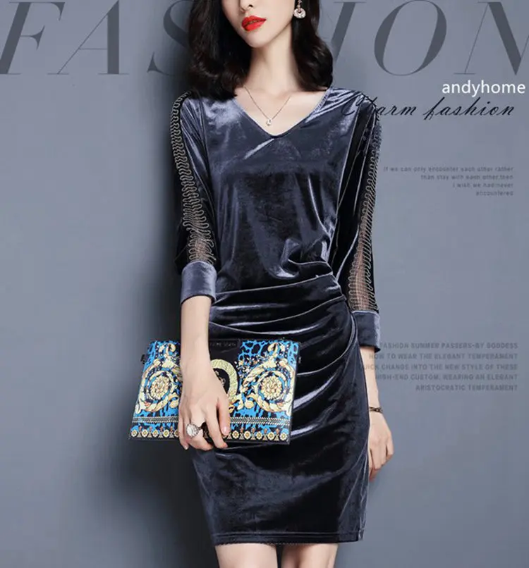New Winter Autumn Dress Women 2019 Velour Dresses Female Casual Mesh Patchwork Robe Femme Plus Size Vestidos Mujer Dress Veludo (1)