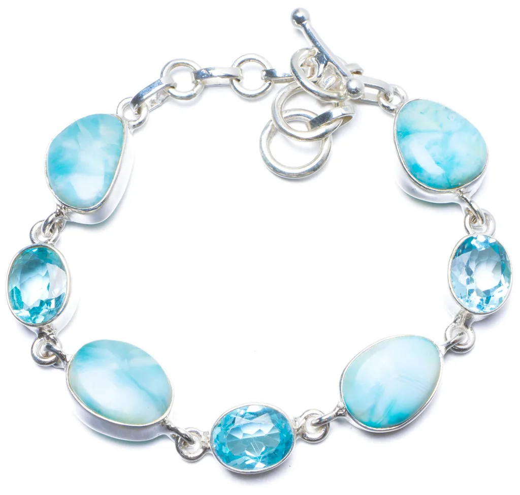 Natural Caribbean Larimar and Blue Topaz Handmade Unique 925 Sterling Silver Bracelet 6 3/4-7 3/4&quot Y0092 | Украшения и