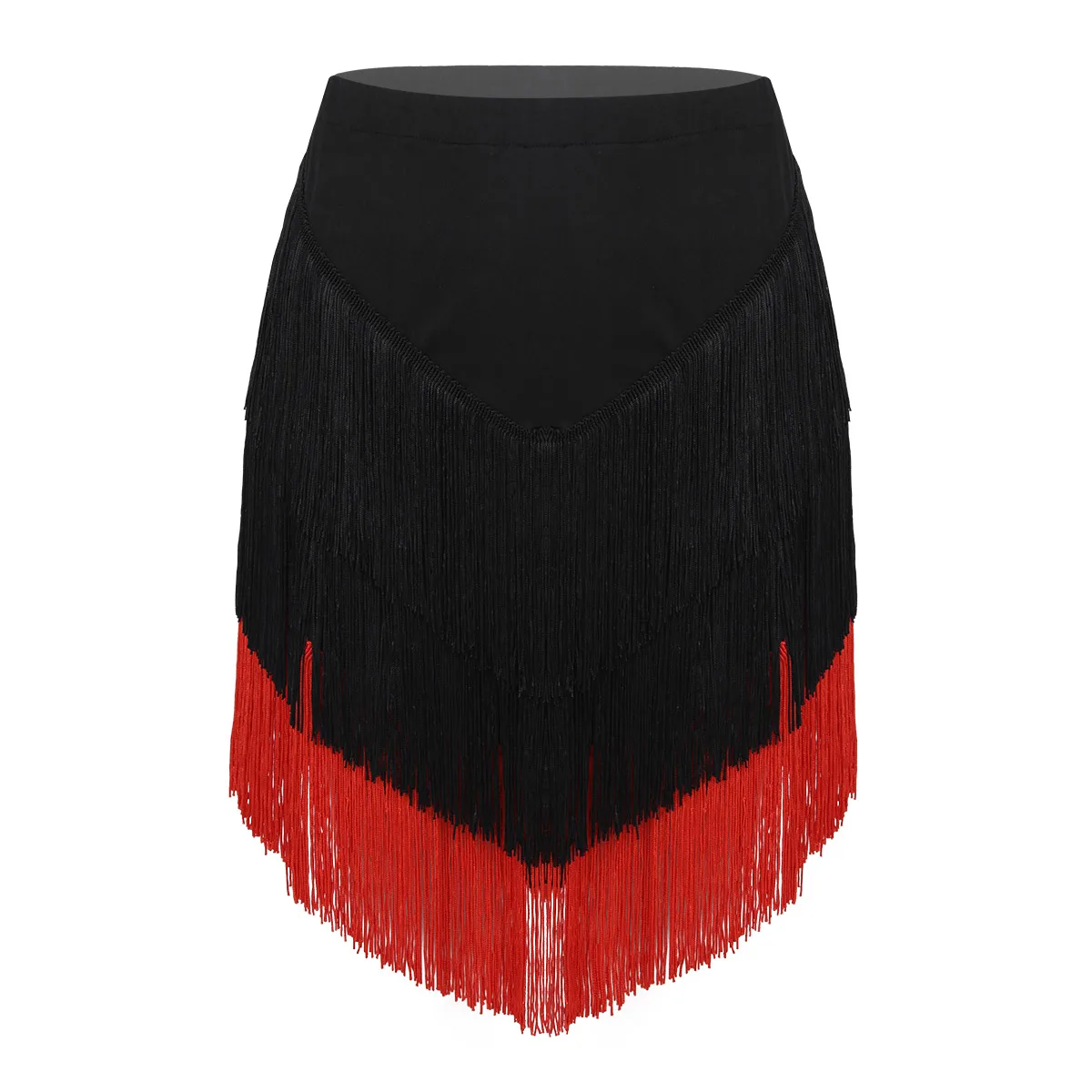 Женская юбка для латинских танцев, эластичная талия, бахрома, кисточки, асимметричная юбка для латинских танцев, встроенные шорты для танго, румбы, юбки для бальных танцев - Цвет: Black Red