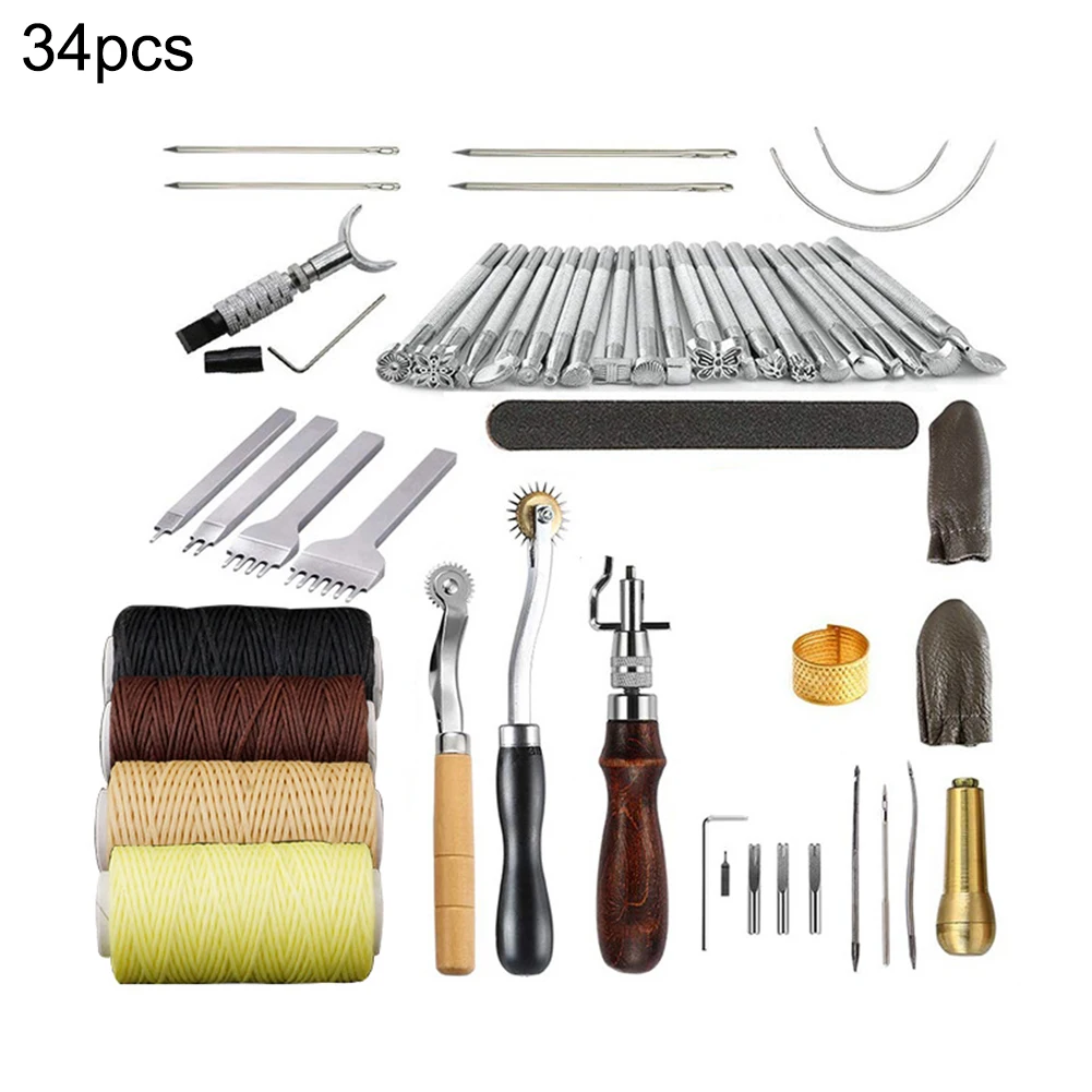 

34PCS Leather Sewing Tools Kit Leather Craft Tool Stitching Carving Working Sewing Saddle Groover Leather Craft Tools Set