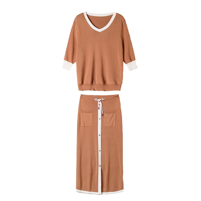 2019 Spring Summer New Temperament Ladies V-neck Half-sleeved Color Skirt Skirt Knitting Set Two-piece Women 2 Piece Skirt Set 2019 Spring Summer New Temperament Ladies V-neck Half-sleeved Color Skirt Skirt Knitting Set Two-piece Women 2 Piece Skirt Set