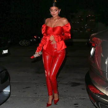 

Womens 2 Piece Set Kyliejenner Satin Halter Off the Shoulder Ruched Ribbon Crop Top & Leather Pencil Pants Tracksuit SUMMER DRES