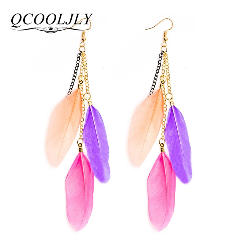 

QCOOLJLY Vintage Drop Earrings For Women Colorful Fancy Feather Drop Earring Ethnic Indian Charm Tassel Dangle Earrings Jewelry