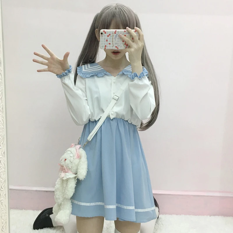 

Spring Japanese soft sister Sailor Collar student dress uniform Preppy Style High waist was thin stitching Lolita girls dress