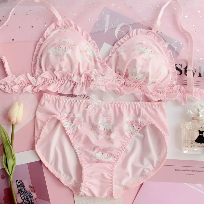 

Sweet and lovely sexy lingerie girl pink Underwear Women thin rimless bra set