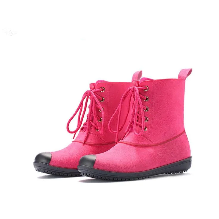 Rouroliu Women Mid-calf Short Rain Boots Non-slip Waterproof Fabric Water Shoes Woman Warm Wellies Lace-Up Boots RT334 Rouroliu Women Mid-calf Short Rain Boots Non-slip Waterproof Fabric Water Shoes Woman Warm Wellies Lace-Up Boots RT334