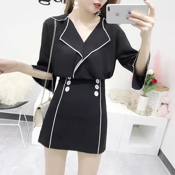 

New Spring Autumn Fashion Women's Sets Half Sleeve Elegant Tops + High Waist Short A-line Skirts Ladies Suits