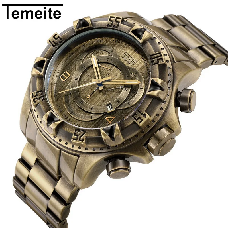 

Temeite Retro Bronze Sports Mens Watches Quartz Stainless Steel Big Dia Business Wrist Watch Men Waterproof Relogio Masculino