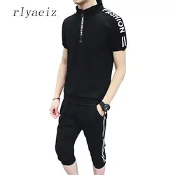 Rlyaeiz спортивный костюм мужские повседневные комплекты мужской спортивный костюм 2018 летние полосатые футболки + укороченные брюки два
