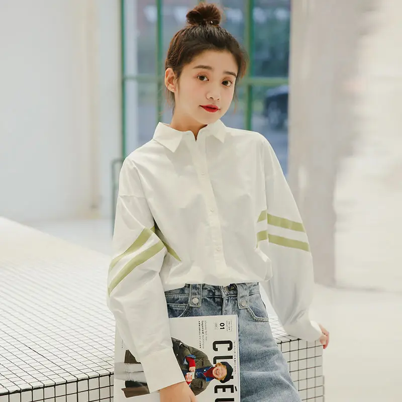 2019 Autumn New Women Shirt Korean Fashion Casual Design Sense Stripe Stitching Loose Boyfriend Style Female Shirts Long Sleeve