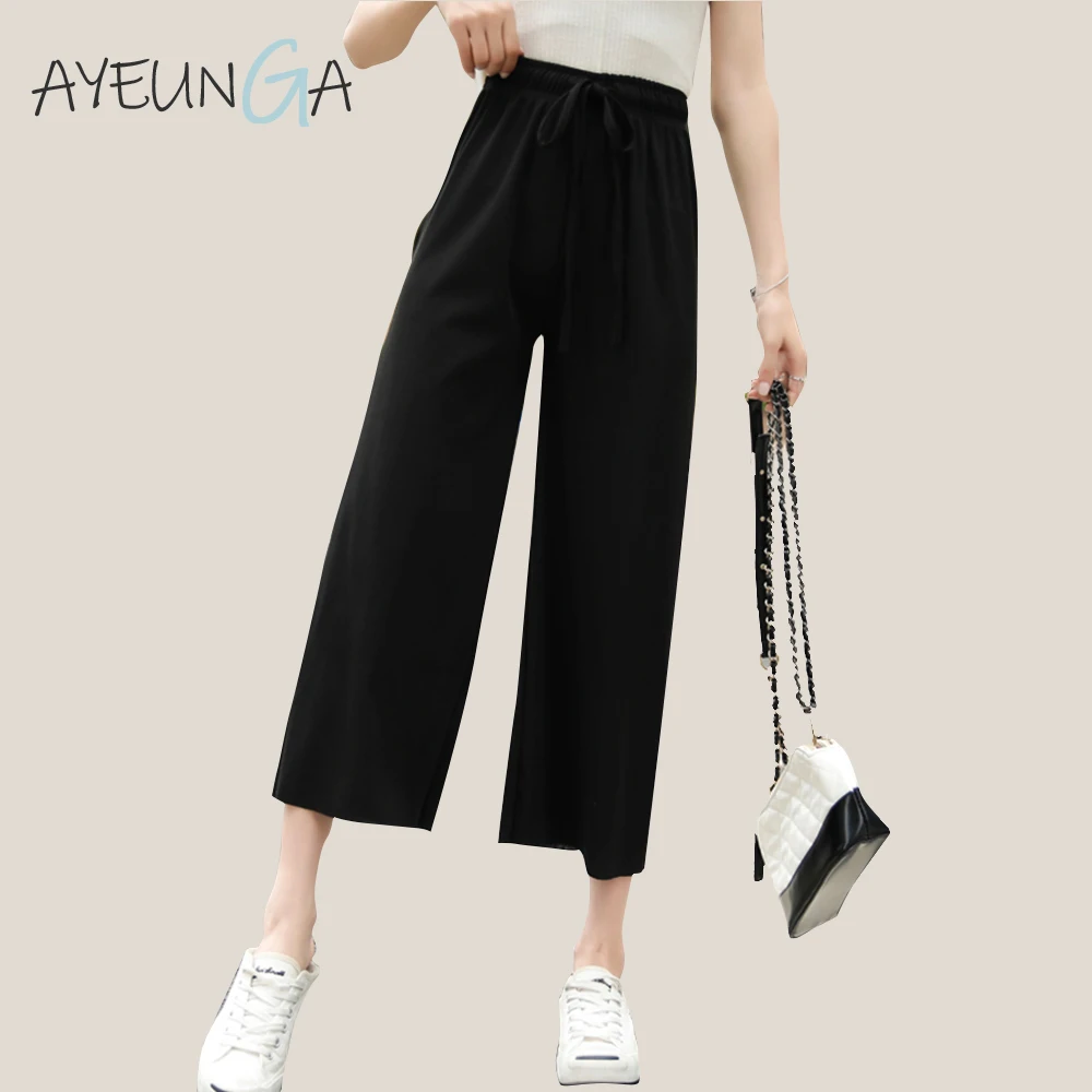 

Casual Elastic Waist Wide Trousers For Women Pure Color Loose Lace Up Bow Ladies Pants Gentle Fashion Holiday Summer Trousers