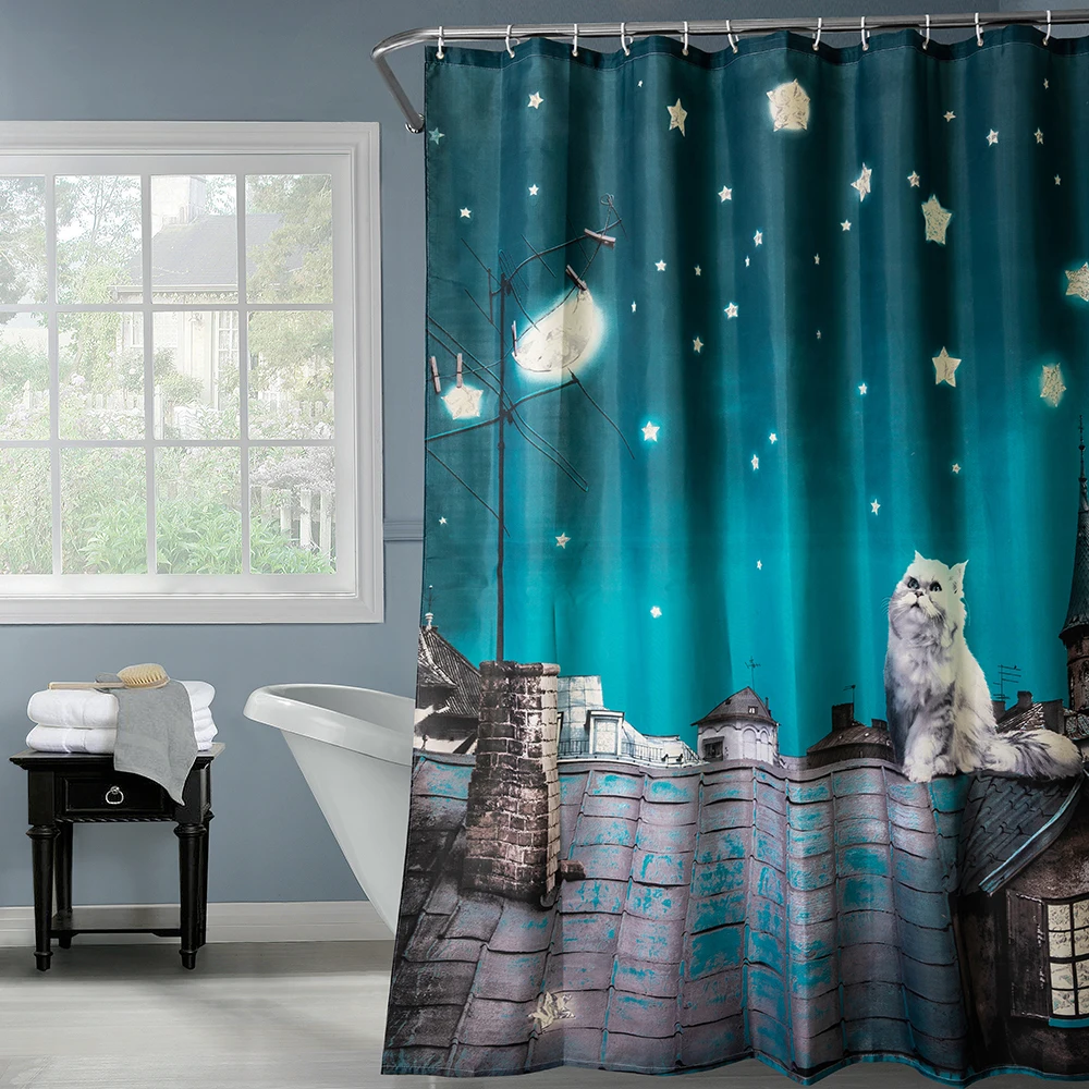 Счастливое дерево полиэстер луна ночь кошка Водонепроницаемая занавеска для душа s утепленная ткань Ванная комната занавеска синяя Ванна занавеска 180x200 см