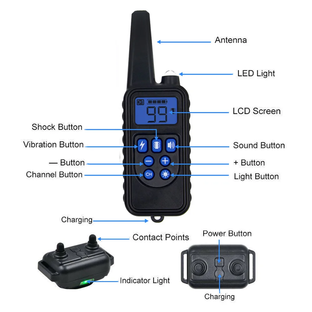 Remote Control Waterproof Dog Training Electric Shock Collar Rechargeable Adjustable Levels Dog Tra