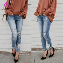 Work Women Jeans High Waist Skinny Pencil Blue Denim Pants Ripped Hole Cropped Slim Fit Skinny Jeans Women 2019 Denim Trousers blue fashion low waist ripped letter pattern skinny jeans