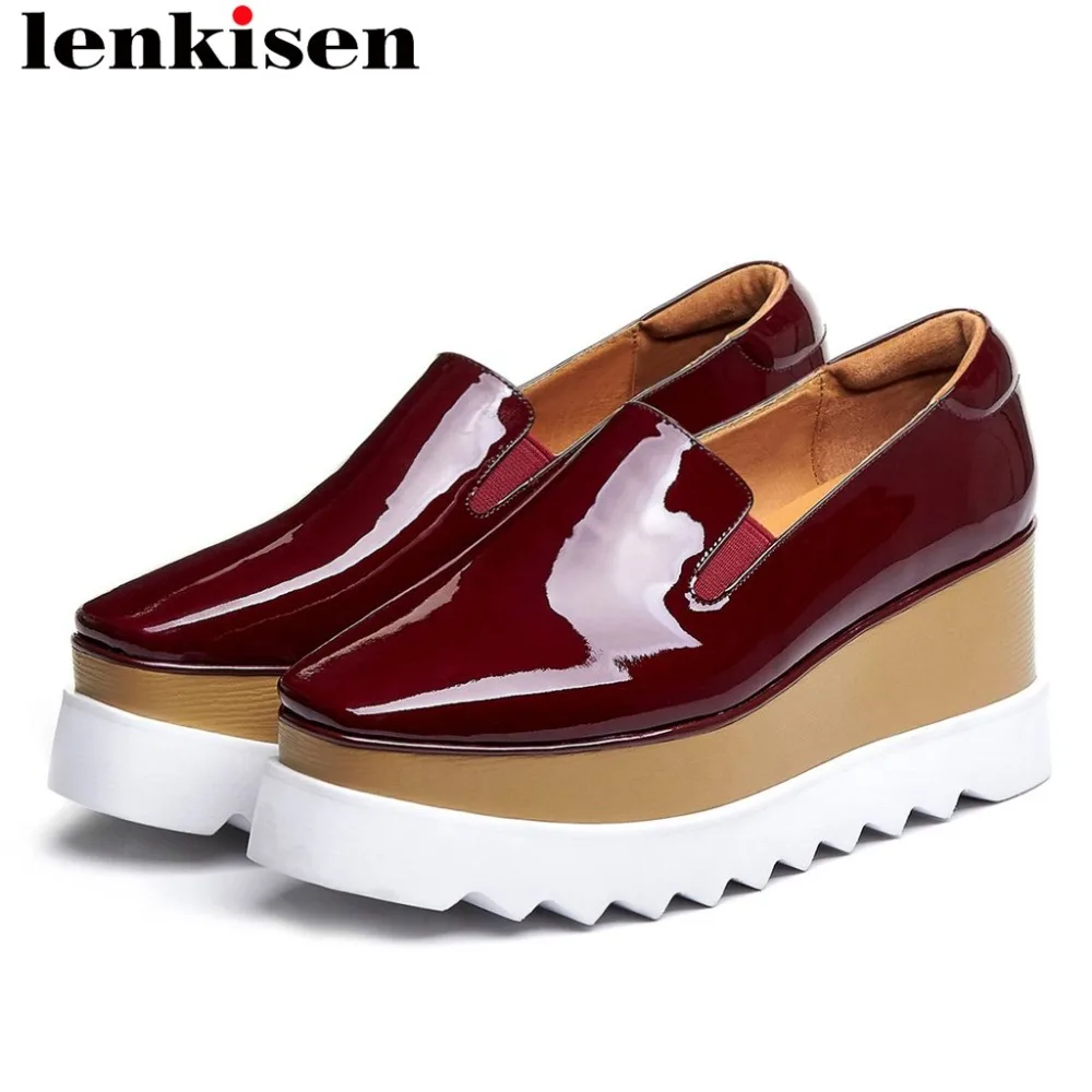 

Lenkisen European design wedges high bottom platform slip on Punk style increased genuine leather square toe leisure pumps L18